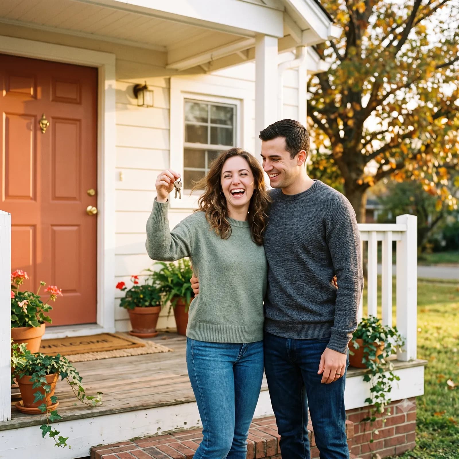 A couple holding the keys to their new home